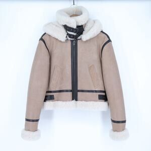SAM Farryn Shearling Aviator Jacket Tan Black Leather Long Sleeve Coat Women's M